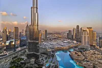 an aerial view of the dubai city skyline at Full Burj Khalifa & Fountain View 60th Floor Sky Luxury 2BHK 4 mins Walk to Dubai Mall Downtown in Dubai