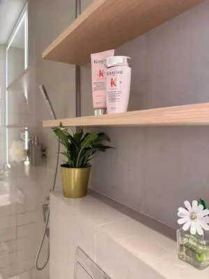 a bathroom shelf with two products and a plant at Lux 2 Bedroom Cozy Family Getaway Home in Dubai