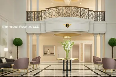 a rendering of a lobby with a staircase and chairs at Luxury Apartment in Vincitore Benessere, Dubai in Dubai