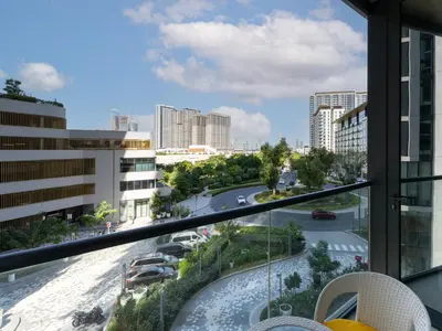 a view of a city street from a window at Luxury 1BR Featuring Guest - Study Room-SOBHA Waves in Dubai