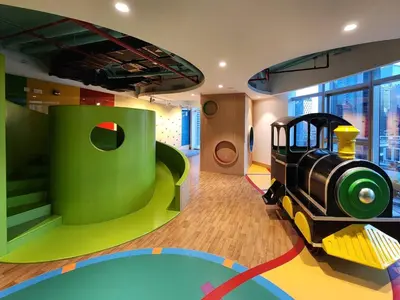 a childs room with a toy train on the wall at Ultra-Luxury Apartment | Burj Khalifa Skyline Pool in Dubai