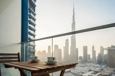 a wooden table with two coffee cups on top of a window at 2BR Vida Dubai Mall Burj Khalifa & Fountain View in Dubai