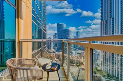 a balcony with a view of a city skyline at GlobalStay Luxury Apartments The Residences Tower 8 Downtown Dubai in Dubai