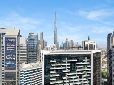 a view of a city skyline with skyscrapers at Premium Studio Burj Khalifa & Canal View in Dubai