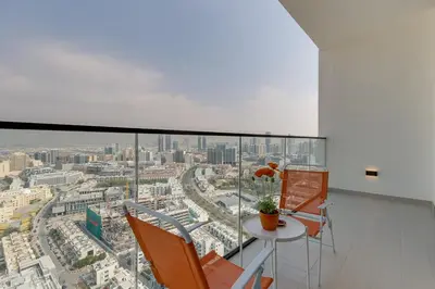 a room with a view of a city at Binghatti House, JVC - 1 Bedroom Apartment - Allsopp & Allsopp in Dubai