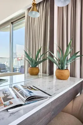a table with two plants on top of it at Frank Porter - Adhara Star in Dubai