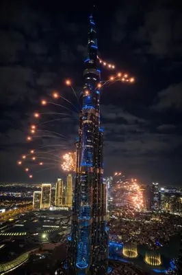 a night view of the burj khalifa at Signature Luxury Apartments Facing Burj Khalifa in Dubai