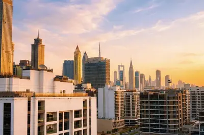 a view of a city skyline with skyscrapers at Near World Trade Center Sleeps 5 Family Business Friendly in Dubai