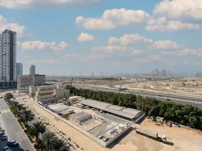 an aerial view of a city with a freeway at Charming 2BDR Stay in Binghatti Corner- JVC in Dubai