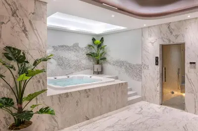 a bathroom with a jacuzzi tub and a plant at Paramount 10 Min to Dubai Mall, Luxury Amenities in Dubai