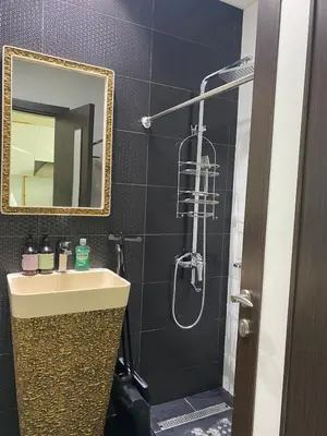 a bathroom with a sink and a shower with a mirror at Chic Studio near Miracle Garden & GlobalVillage in Dubai