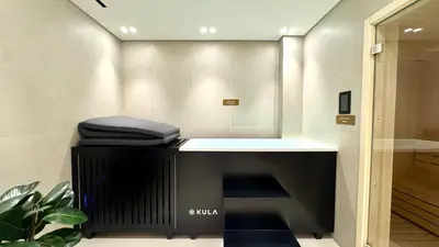 a room with a counter with a bag on top at Amazing Studio with Balcony and Jacuzzi I Near Dubai Mall & Downtown I Sleeps 4 in Dubai