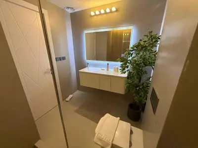 a bathroom with a sink and a mirror and a potted plant at The Point Tower Dubai Marina in Dubai