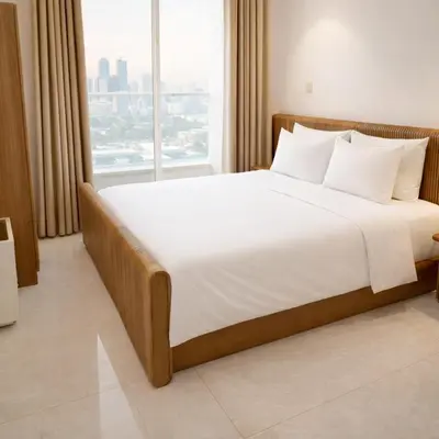a large bed in a room with a large window at Penthouse with panoramic water-view Ultra-luxury in Dubai