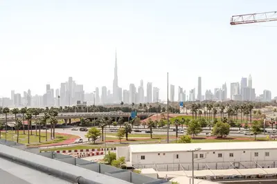 a view of a city skyline with buildings at Stylish Studio near Downtown with pool in Dubai