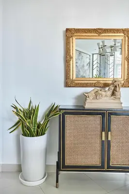 a mirror and a plant on top of a dresser at Frank Porter - Damac Maison Prive in Dubai