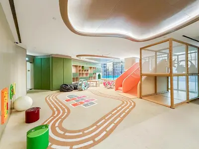 a room with a carpet with a maze on the floor at Luxe 1BR in JVC with Private Jacuzzi & Pool Access in Dubai