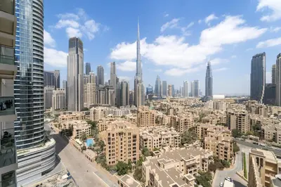 an aerial view of a city with tall buildings at VayK - Generous 2BR Offering Burj Khalifa Views in Dubai