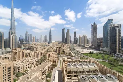 an aerial view of a city with tall buildings at VayK - Generous 2BR Offering Burj Khalifa Views in Dubai