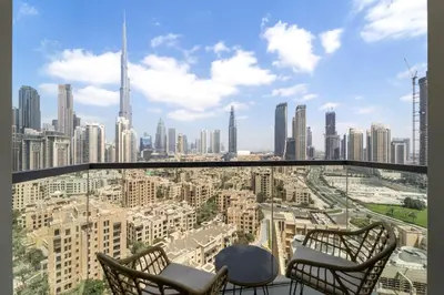 a view of the city from the observation deck of a skyscraper at VayK - Generous 2BR Offering Burj Khalifa Views in Dubai