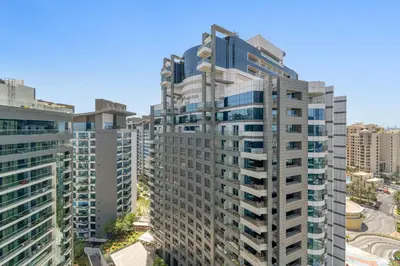 an overhead view of a tall building in a city at VayK - Contemporary Studio with Beach Access on Palm Jumeirah in Dubai