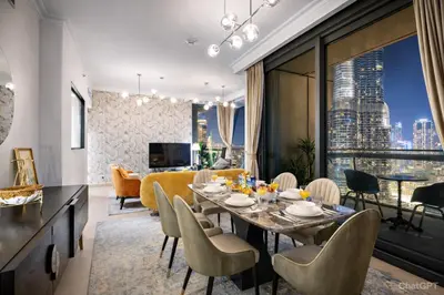 a dining room and living room with a table and chairs at Signature Luxury Apartments Downtown Dubai in Dubai