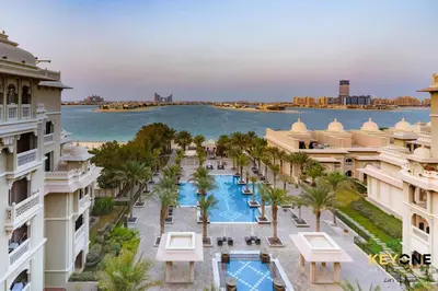 an aerial view of a resort with a body of water at Spacious Beachfront 2BR with Maids Room in Grandeur in Dubai