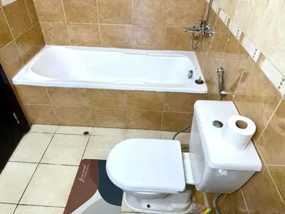 a bathroom with a toilet and a bath tub at Dreamy heaven Spacious 2BR Apt with marina view in Dubai