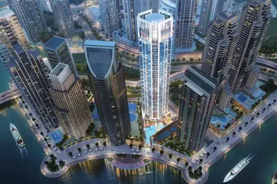 an overhead view of a city with tall buildings at Oshima LIV Marina 1BR Marina View in Dubai