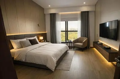 a bedroom with a bed and a television and a chair at Mavies Estate Al Jaddaf by Marriot in Dubai