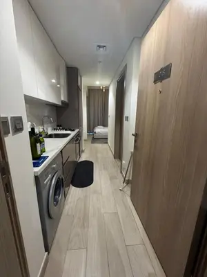 a kitchen with a washing machine and a washer at Iconic Studio in Azizi 48 with Pool and Gym in Dubai