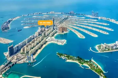 an aerial view of dubai marina with a large city at Luxury studio with beach and pool access. in Dubai