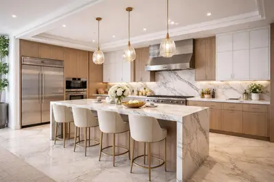 a kitchen with a large marble island with bar stools at NovaStay Appartments in Dubai