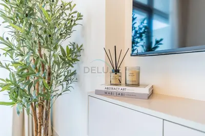 a plant sitting on a counter next to two books at Just Minutes Drive From Dubai Autodrome, Conveniently Located Within A Short Walk Of The Bus Stop, Azizi Vista, Dubai Studio City by Deluxe Holiday Homes in Dubai
