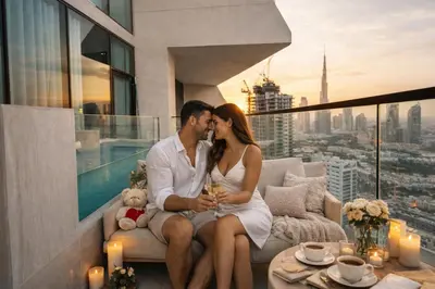 a man and woman sitting on a couch on a balcony at Luxury Apartment in JVC with Private Balcony Pool in Dubai