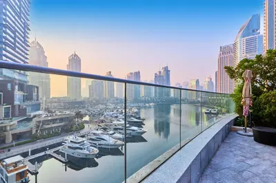 a view of a harbor with boats in the water at 1BR 42nd Floor Palm Jumeriah & Sea View- 5 Sleeps in Dubai