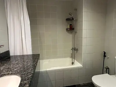 a bathroom with a shower and a sink and a toilet at Large 1-bedroom by the canal, close to downtown in Dubai