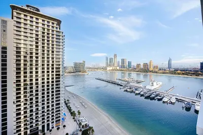 a view of a river with boats in a harbor at Classy Stay at Beach Mansion with Private Beach in Dubai