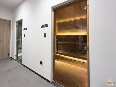 a wooden door in a house at Skyview Experience View Burj Khalifa Pool, Canal in Dubai