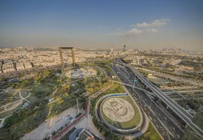 an aerial view of a city with a large building at Vogue Al Wasl 1 Residences Near Zabeel Park and World Trade Centre, Two Bedroom Apartment with Balcony with City View, Access to all Amenities, Walkable to Max Fashion Metro Station in Dubai