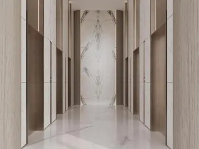 a hallway of a building with a painting on the wall at Stylish 2Bedroom JVC I Comfort I Epic Pool in Dubai