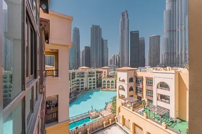 a view of the city from a building at Escape24 Brand New Designer 2Bedroom with fully Burj Khalifa Views in Dubai
