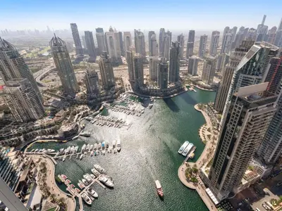 an aerial view of a city with a harbor at Luxurious High Floor 1BDR With Full Sea View-Cayan48 in Dubai