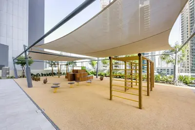 a pavilion with benches and awning in a building at very nice apartment in Burj khalifa area downtown in Dubai