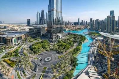 an aerial view of a city with tall buildings at Luxurious Burj Vista Apartment with Burj Khalifa view in Downtown Dubai in Dubai
