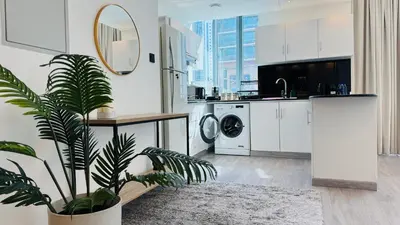 a kitchen with white cabinets and a potted plant at 1 Bedroom with Balcony - Near Metro - Fast Wi-Fi in Dubai