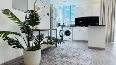 a kitchen with a plant in a large pot at 1 Bedroom with Balcony - Near Metro - Fast Wi-Fi in Dubai