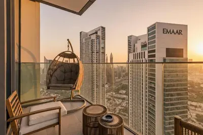 a balcony with a view of a city at Luxury 2 Bedroom Apartment In Downtown in Dubai