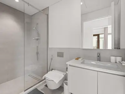 a bathroom with a shower and a toilet and a sink at The Royal Suite 1 BDR in Sunset-02 in Dubai