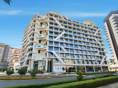 a rendering of a large apartment building at Chic Studio with Balcony & Pool in Oxford Gardens in Dubai